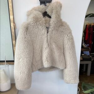 Free People Louder Please Faux Fur Hooded Jacket in Cream